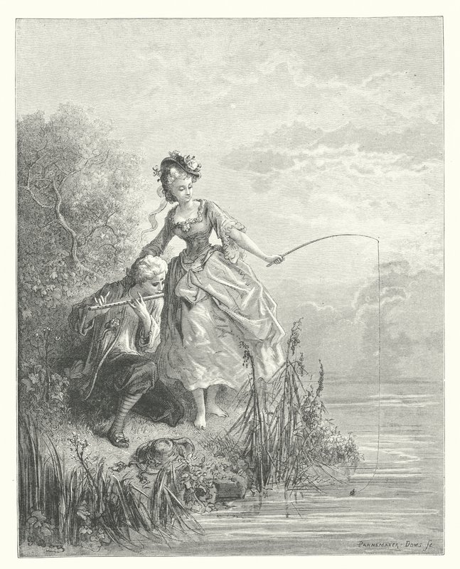 La Fontainen sadut: Fontaine: Kala ja paimen, joka soitti klarinetilla (kaiverrus). tekijältä Gustave Dore