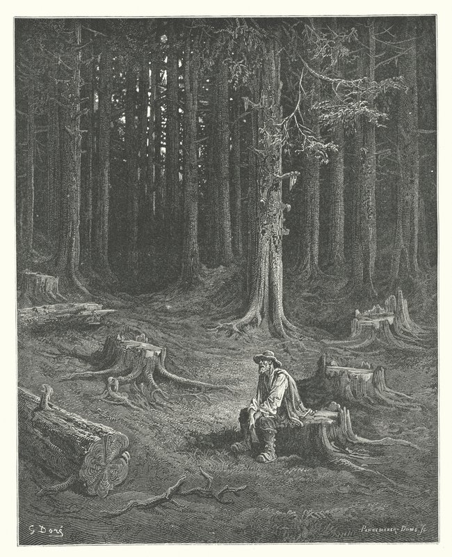 La Fontainen sadut: Fontaine: Metsä ja metsämies (kaiverrus). tekijältä Gustave Dore