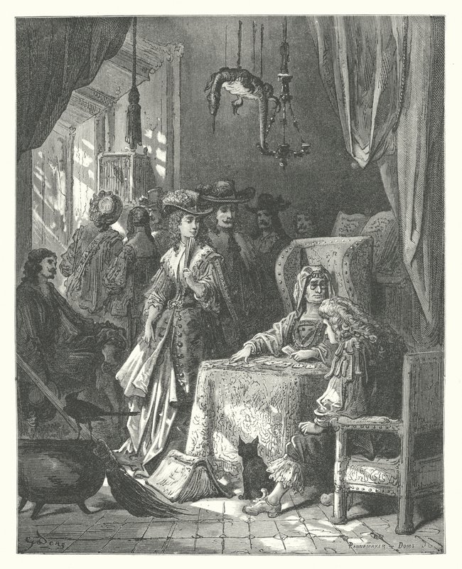 La Fontainen sadut: Fontaine: The Fortune-Teller (kaiverrus). tekijältä Gustave Dore