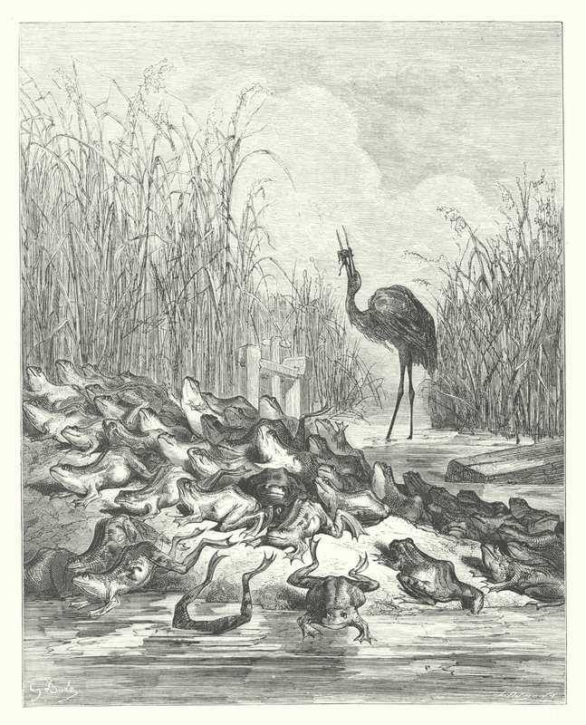 La Fontainen sadut: Fontaine: Sammakot, jotka pyysivät kuningasta (kaiverrus). tekijältä Gustave Dore