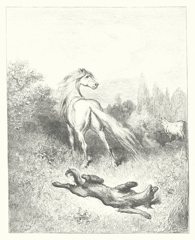 La Fontainen sadut: Fontaine: Hevonen ja susi (kaiverrus). tekijältä Gustave Dore