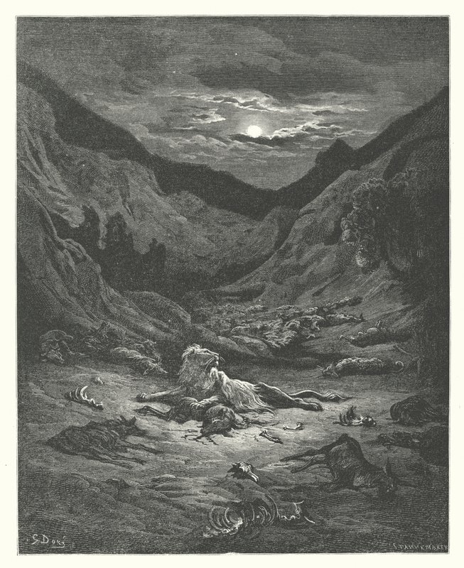 La Fontainen sadut: Fontaine: Leijona (kaiverrus) tekijältä Gustave Dore