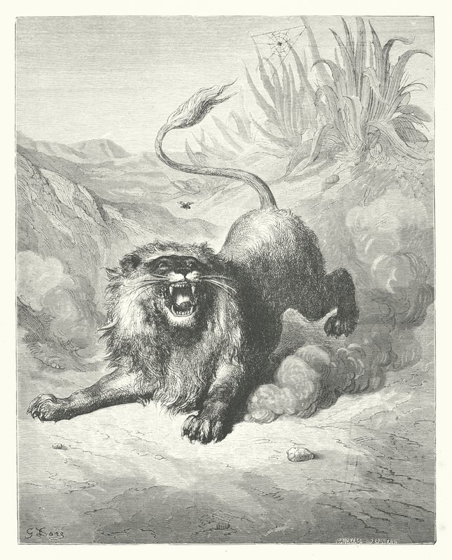 La Fontainen sadut: Fontaine: Leijona ja hiirulainen (kaiverrus). tekijältä Gustave Dore