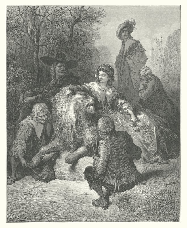 La Fontainen sadut: Fontaine: Rakastunut leijona (kaiverrus) tekijältä Gustave Dore