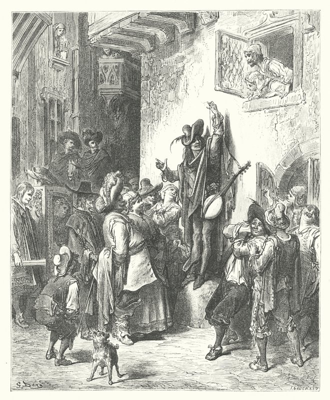 La Fontainen sadut: Fontaine: Hullu, joka myi viisautta (kaiverrus). tekijältä Gustave Dore