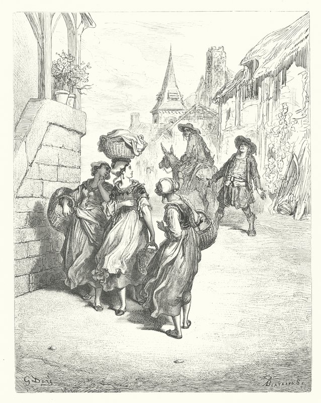 La Fontainen sadut: Fontaine: Myllymies, hänen poikansa ja aasi (kaiverrus). tekijältä Gustave Dore
