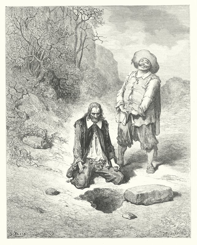 La Fontainen sadut: Fontaine: Aarteensa menettänyt kurja (kaiverrus). tekijältä Gustave Dore