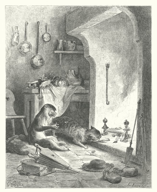 La Fontainen sadut: Fontaine: Apina ja kissa (kaiverrus). tekijältä Gustave Dore