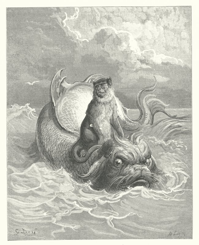 La Fontainen sadut: Fontaine: Apina ja delfiini (kaiverrus). tekijältä Gustave Dore