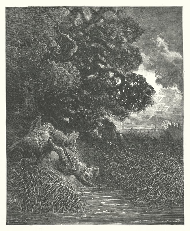 La Fontainen sadut: Fontaine: Tammi ja ruoko (kaiverrus). tekijältä Gustave Dore