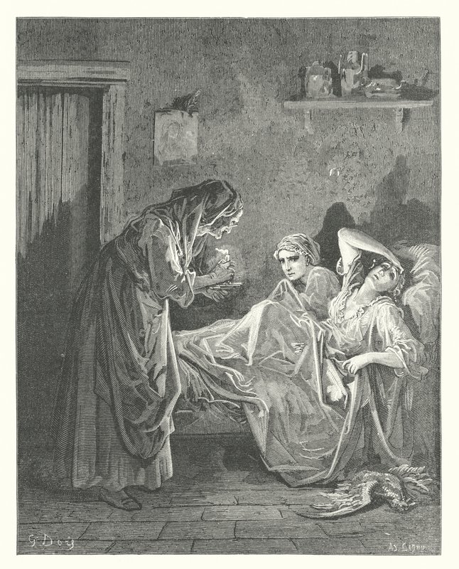 La Fontainen sadut: Fontaine: Vanha nainen ja hänen palvelijansa (kaiverrus). tekijältä Gustave Dore