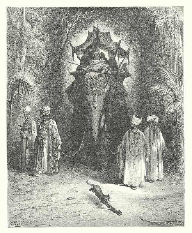 La Fontainen sadut: Fontaine: Rotta ja norsu (kaiverrus). tekijältä Gustave Dore