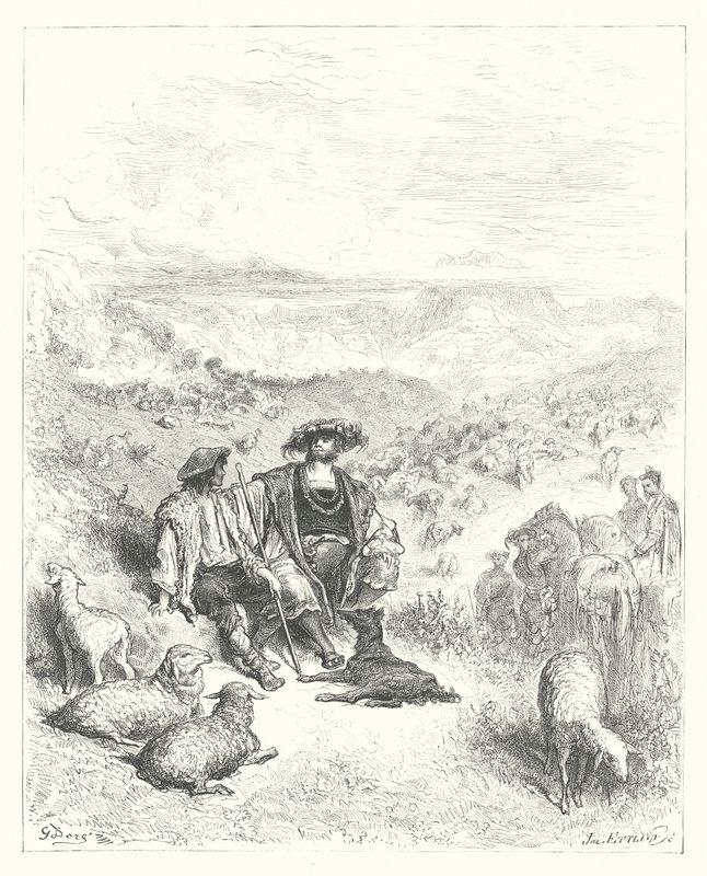 La Fontainen sadut: Fontaine: Paimen ja kuningas (kaiverrus). tekijältä Gustave Dore