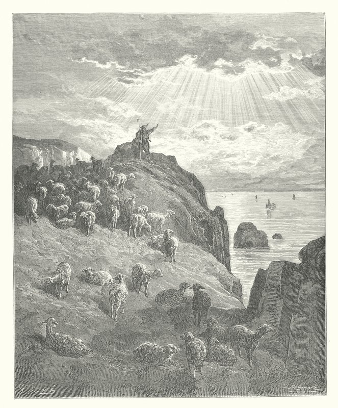 La Fontainen sadut: Fontaine: Paimen ja meri (kaiverrus). tekijältä Gustave Dore