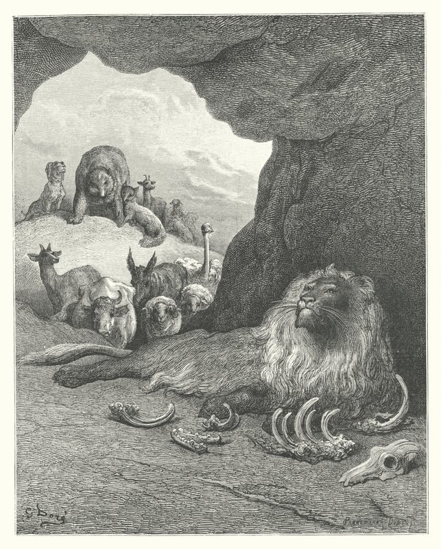 La Fontainen sadut: Fontaine: Sairas leijona ja kettu (kaiverrus). tekijältä Gustave Dore