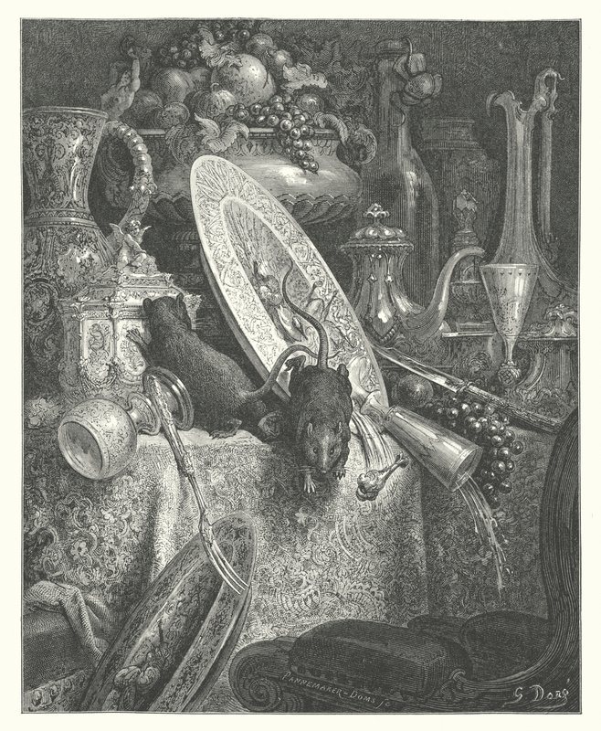 La Fontainen sadut: Fontaine: Kaupunkirotta ja maalaisrotta (kaiverrus). tekijältä Gustave Dore