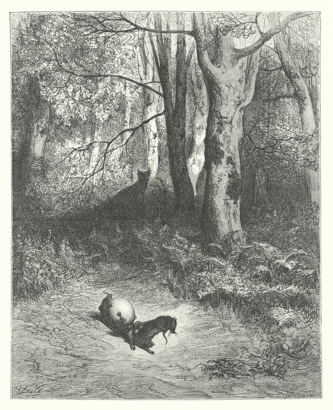 La Fontainen sadut: Fontaine: Kaksi rottaa, kettu ja muna (kaiverrus). tekijältä Gustave Dore