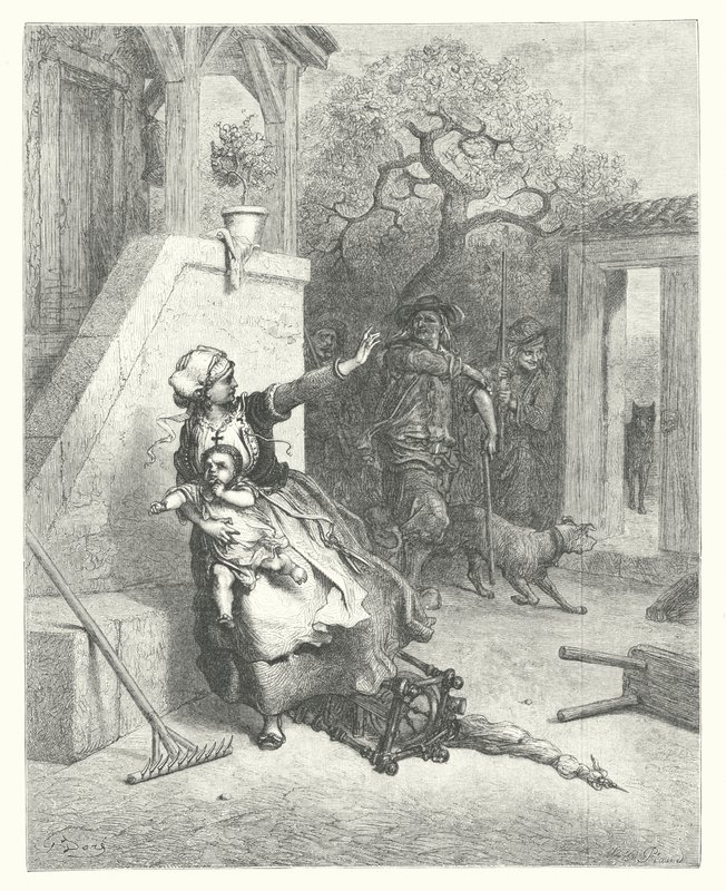 La Fontainen sadut: Fontaine: Susi, äiti ja lapsi (kaiverrus). tekijältä Gustave Dore