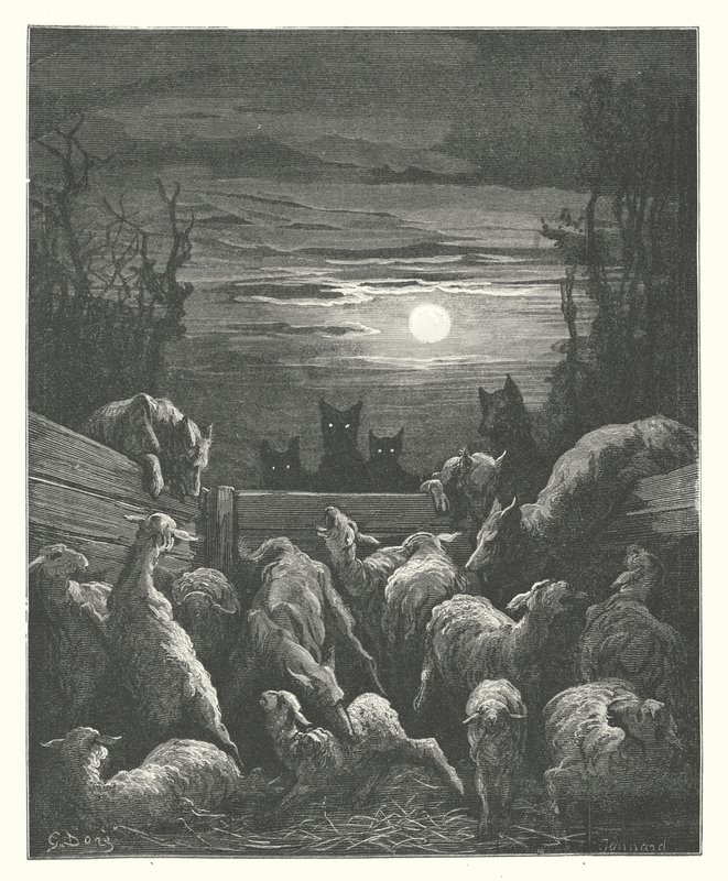 La Fontainen sadut: Fontaine: Sudet ja lampaat (kaiverrus). tekijältä Gustave Dore