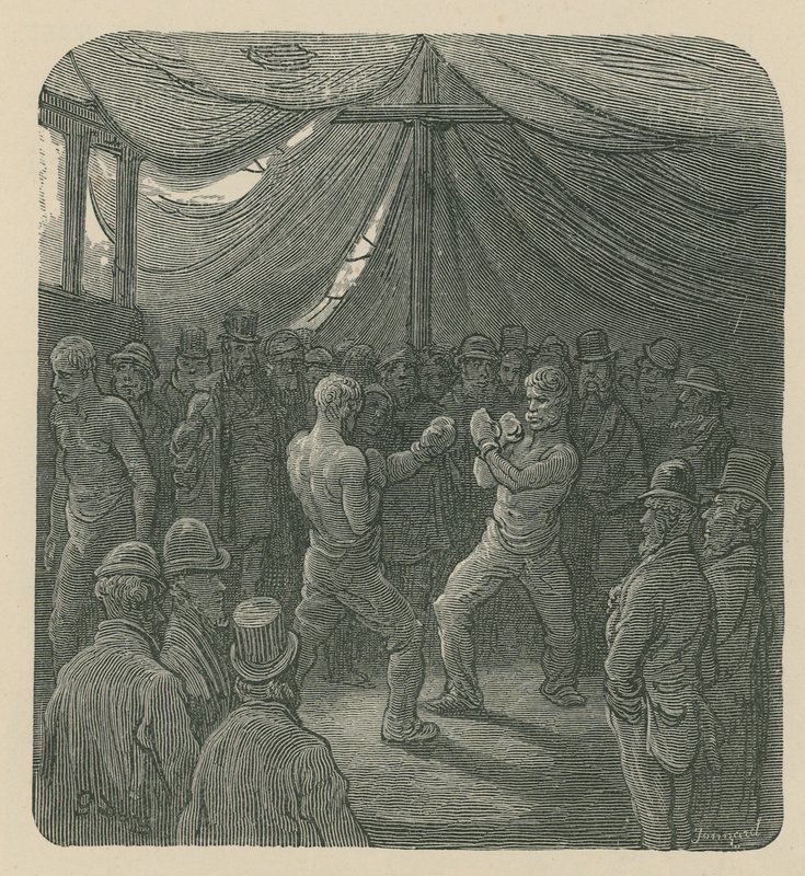 Kaksi miestä nyrkkeilemässä yleisön katsellessa tekijältä Gustave Dore