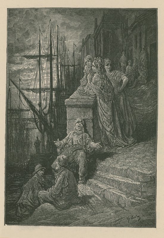 Watermanin perhe portaat Thames-joen rannalla tekijältä Gustave Dore