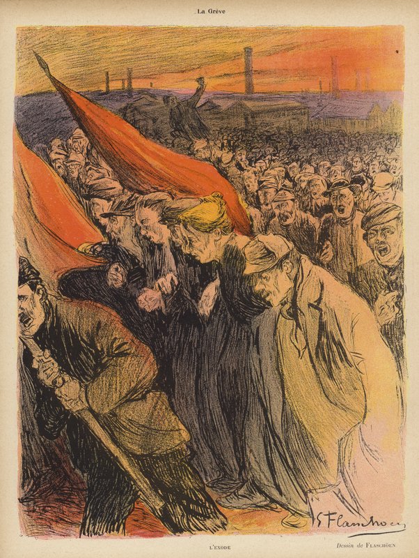 Teollisuuslakko: The Exodus, n. 1902 (väri litho) tekijältä Gustave Flasschoen