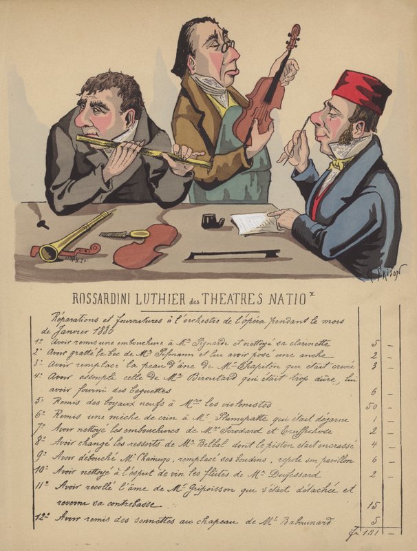 Lasku oopperan orkesterin soittimista (värilitho) tekijältä Gustave Frison