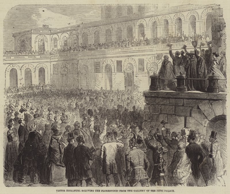 Victor Emmanuel tervehti firenzeläisiä Pittin palatsin galleriasta tekijältä Gustave Janet