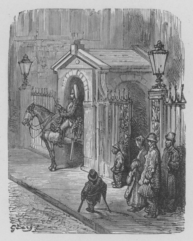 Hevosvartija ryhmässä Kuningattaren palatsin edessä tekijältä Gustave after Dore