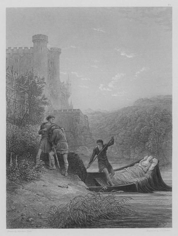 Torre ja Lavaine jättivät hyvästit Elaineksen ruumiille tekijältä Gustave after Dore