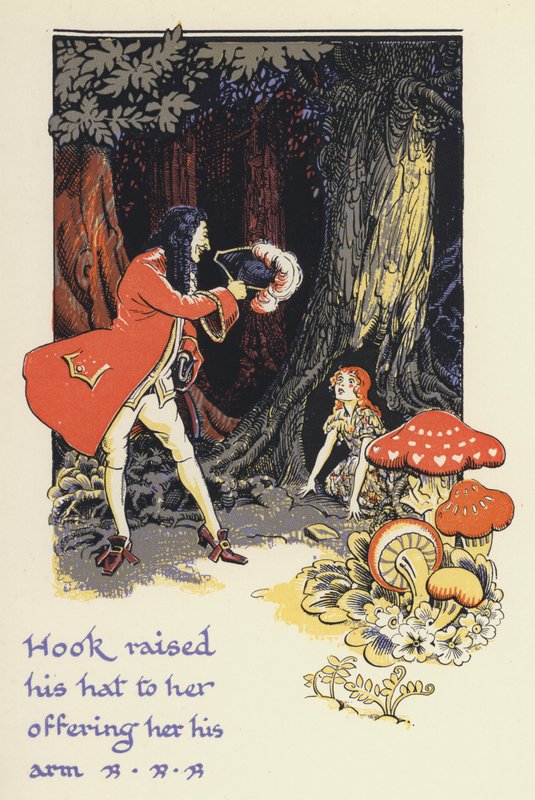 Peter Pan ja Wendy: Koukku kohotti hattua hänelle tarjoten hänelle kätensä (väri litho) tekijältä Gwynedd M. Hudson