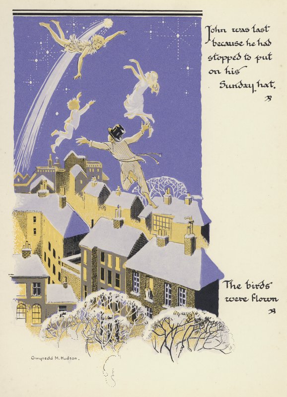 Peter Pan ja Wendy: John oli viimeinen, koska hän oli pysähtynyt pukemaan sunnuntaihattuaan, Linnut lensivät (väri litho) tekijältä Gwynedd M. Hudson