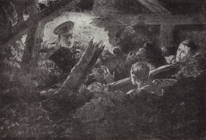 Toinen luutnantti Cecil Calvert kaivaa esiin ja pelastaa kaksi miestä kaivosgallerialta, joka oli pudonnut 6. syyskuuta 1915 tekijältä H. Ripperger