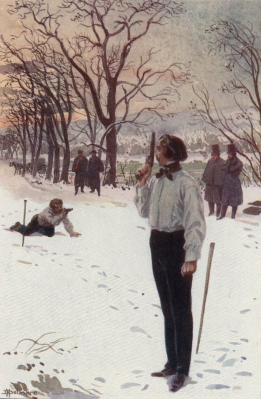 Henri seisoi paikallaan ja peitti kasvonsa pistoolillaan (väri litho) tekijältä H. Delaspre