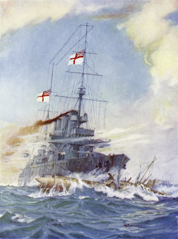 HMS Birmingham törmää saksalaiseen sukellusveneeseen U-15, 9. elokuuta 1914 tekijältä H. G. Swanwick