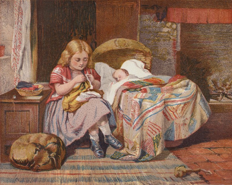 Äidin apu (värilitografia) tekijältä H. Garland