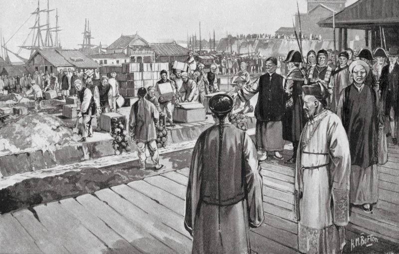 Komissaari Lin tuhoaa tuhansia oopiumilaatikoita (litografia) tekijältä H. M. (after) Burton