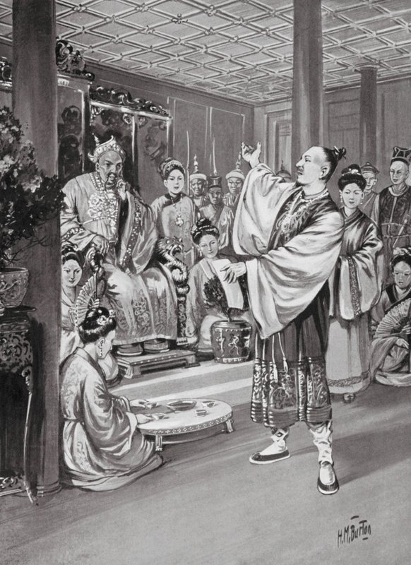 Li Po lausumassa keisarin edessä (litografia) tekijältä H. M. (after) Burton