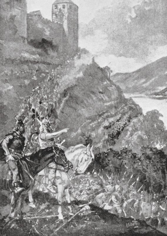 Teutonit ja keltit yhdistävät voimansa ajaakseen roomalaiset pois Galliasta (litografia). tekijältä H. M. (after) Burton