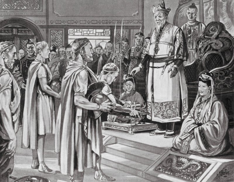 Kiinan keisari vastaanottaa tehtävän (litografia) tekijältä H. M. (after) Burton