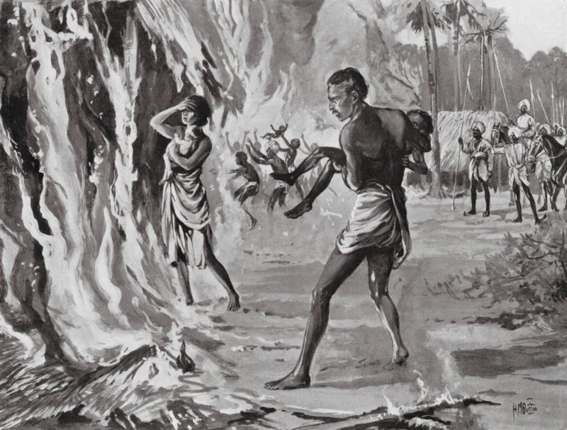 Kyläläiset polttavat itsensä välttääkseen Pindharit tekijältä H. M. (after) Burton