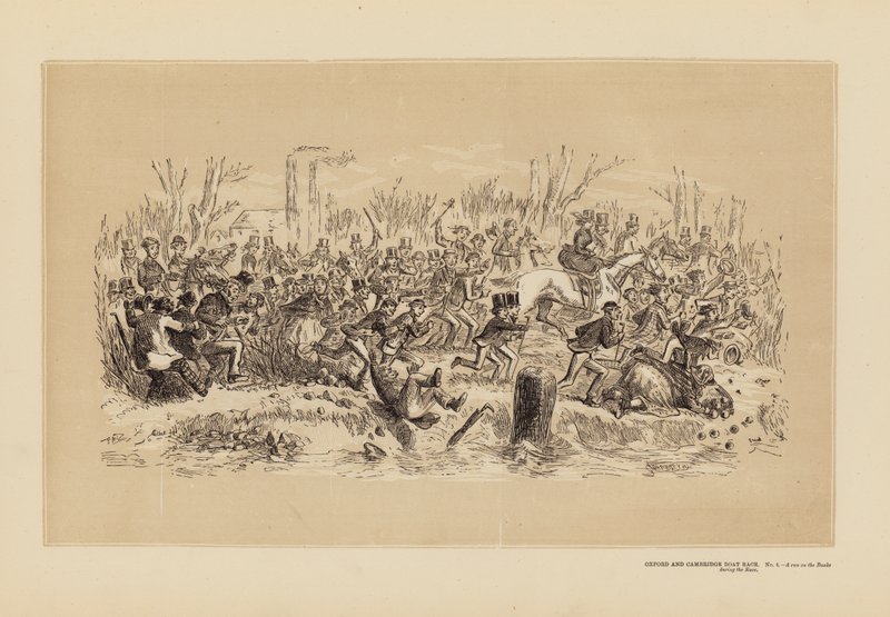 Oxfordin ja Cambridgen venekilpailu, nro 4, Juoksu rannoilla kilpailun aikana (kaiverrus). tekijältä Hablot Knight (1815 92) Browne