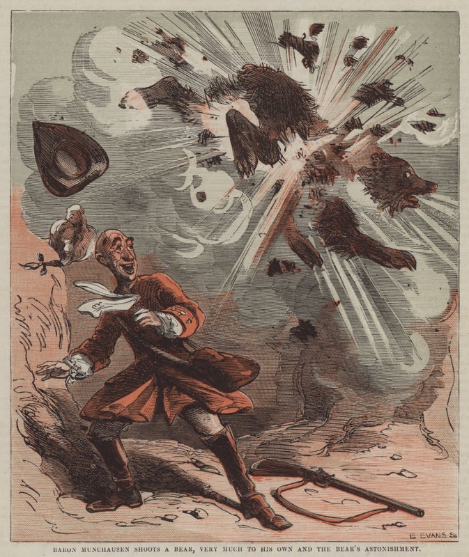Paroni Münchausen ampuu karhun, suureksi omaksi ja karhun hämmästykseksi (väri litho) tekijältä after Hablot Knight Browne