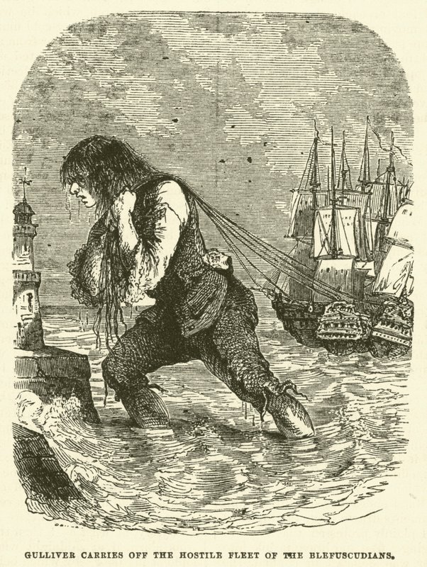 Gulliver kuljettaa pois Blefuscudilaisten vihamielisen laivaston (kaiverrus) tekijältä after Hablot Knight Browne