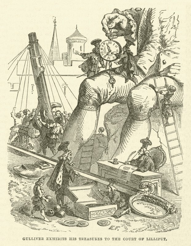 Gulliver esittelee aarteitaan Lilliputin hoviin (kaiverrus) tekijältä after Hablot Knight Browne