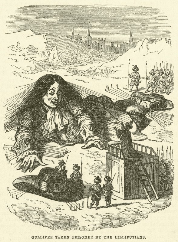 Gulliver joutui liliputilaisten vangiksi (kaiverrus) tekijältä after Hablot Knight Browne