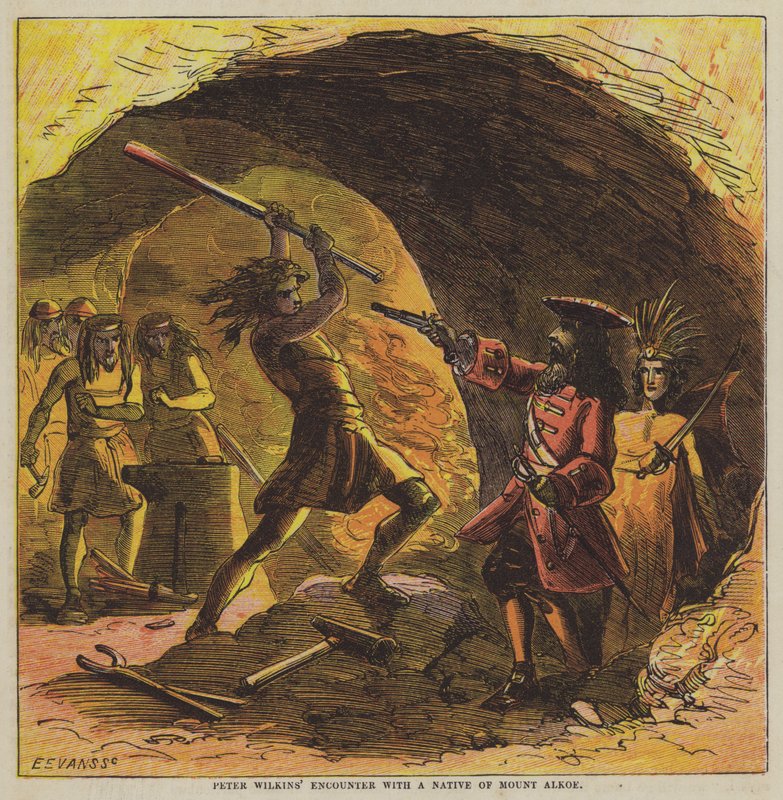 Peter Wilkinsin kohtaaminen Alkoe-vuoren alkuasukkaan kanssa (värilitro). tekijältä after Hablot Knight Browne