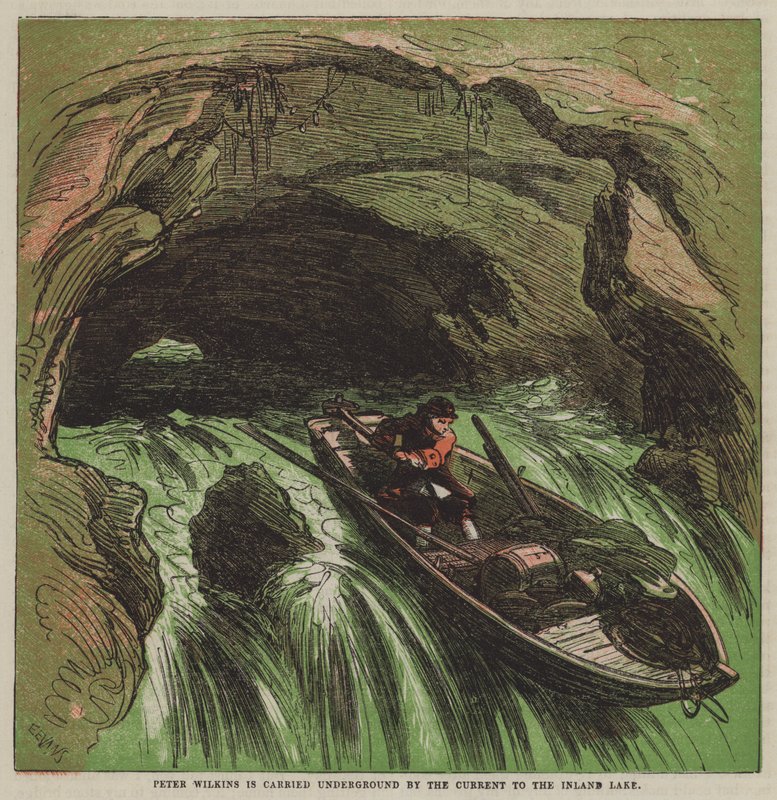 Virta kuljettaa Peter Wilkinsin maan alle Inland Lakelle (väri litho) tekijältä after Hablot Knight Browne