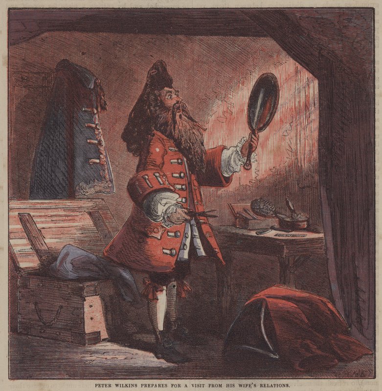 Peter Wilkins valmistautuu vaimonsa sukulaisten vierailuun (värilitografia). tekijältä after Hablot Knight Browne
