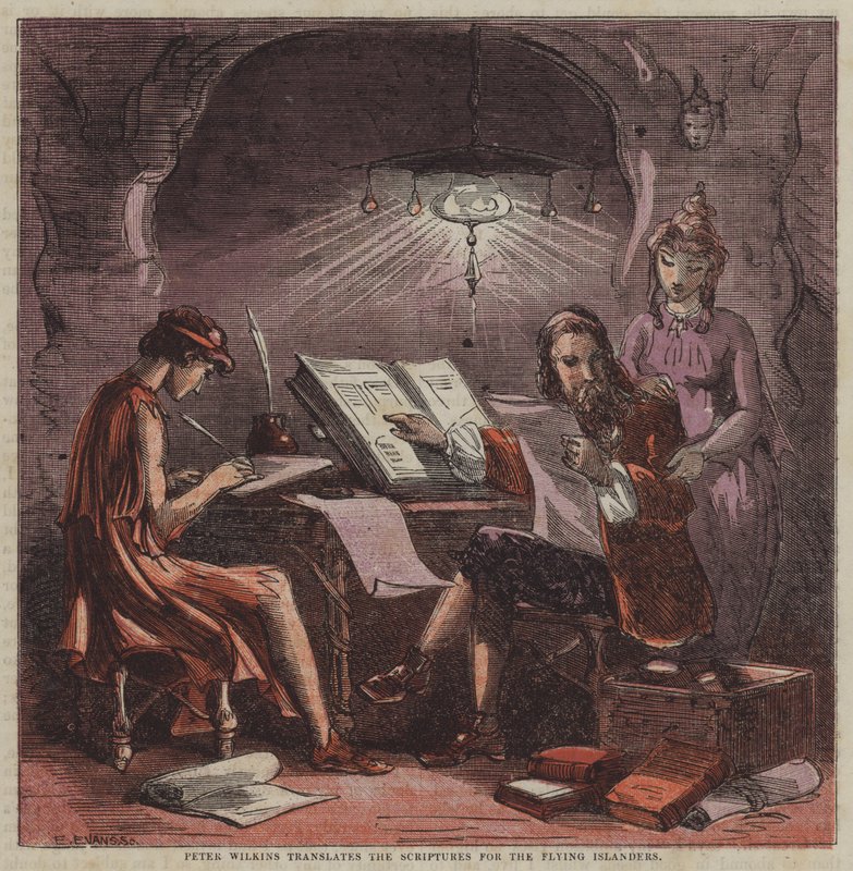 Peter Wilkins kääntää pyhät kirjoitukset lentäville saarilaisille (väri litho) tekijältä after Hablot Knight Browne
